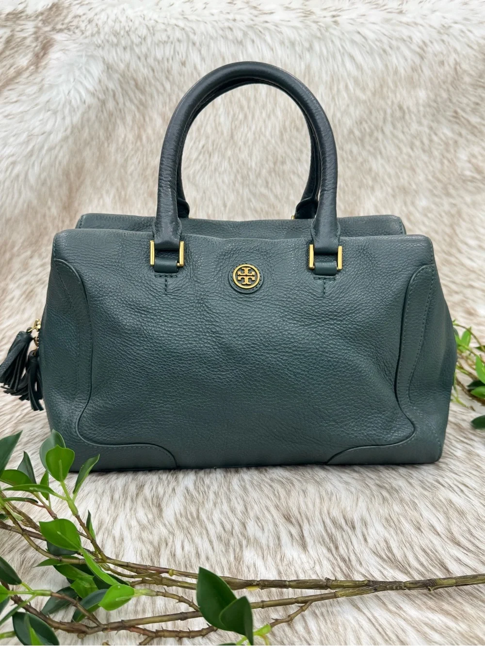 Tory Burch Green Pebbled Leather Satchel with Gold Hardware